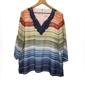 Alfred Dunner Rainbow Striped V Neck Button Sleeve Lined Blouse Size 18